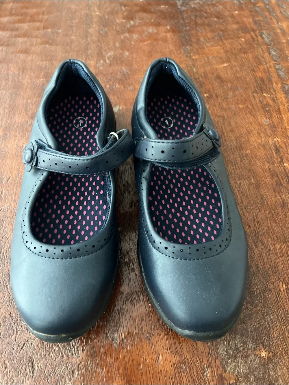 Kids Mary Jane School Shoes - Navy with Pink Polka Dot Insole Size 1